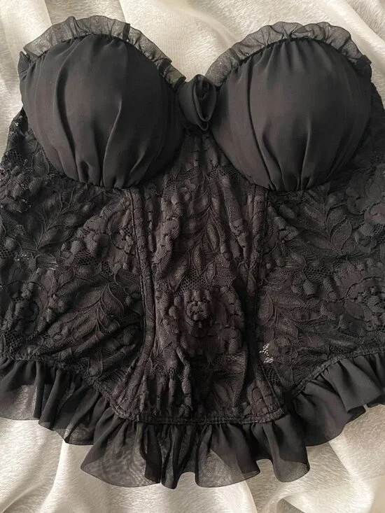 Rare: Vintage Christian Dior Black Lace + Chiffon Rose Detail Bustier - Size 34B - Picture 2 of 11